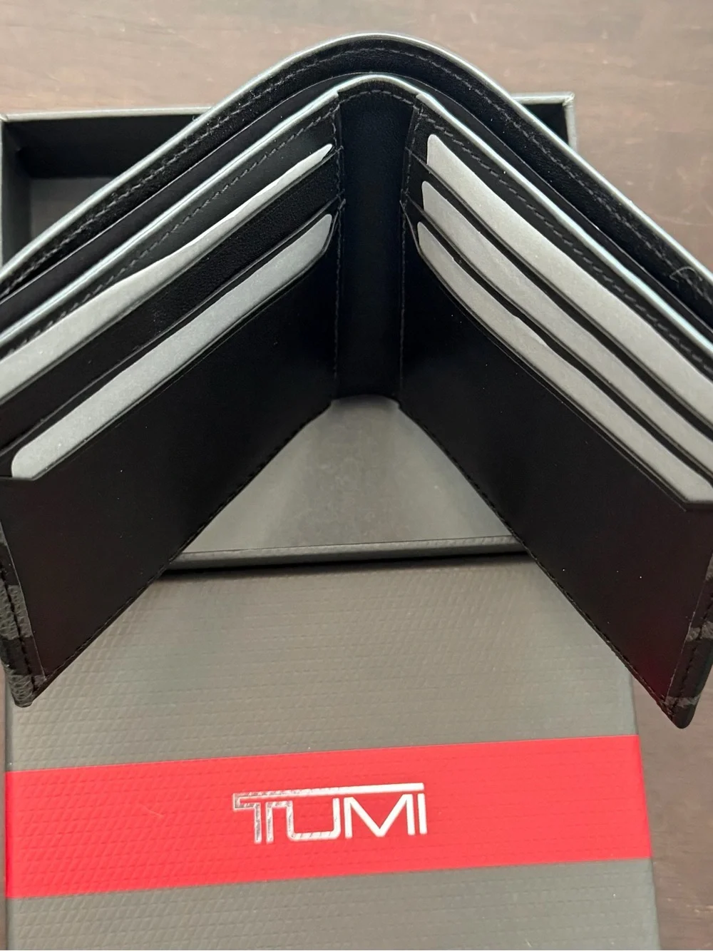 Tumi Monaco Leather SLG Black & Gray Zebra (Tiger) Pattern Bi-Fold Wallet NIB